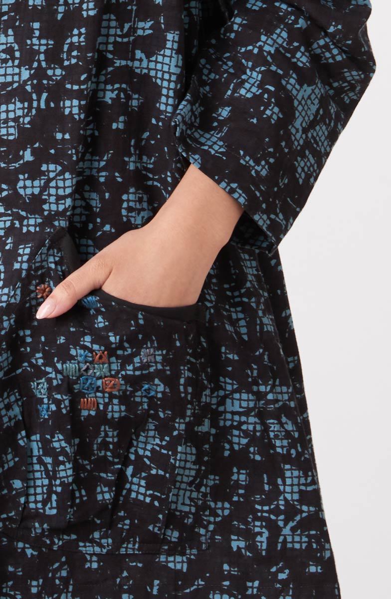 Trishna Block Print Roll-Sleeve Shirt Jacket - Mineral blue