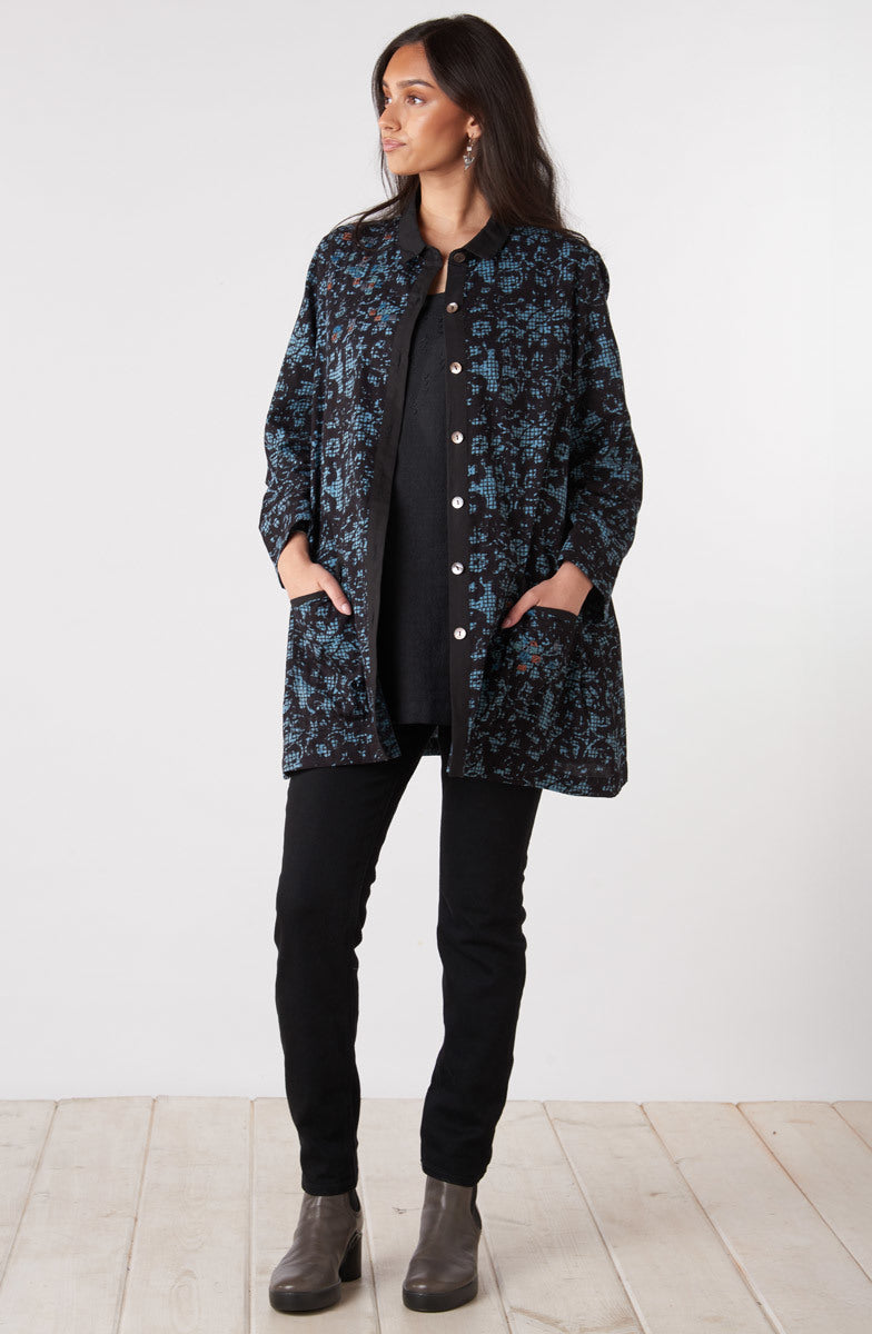 Trishna Block Print Roll-Sleeve Shirt Jacket - Mineral blue
