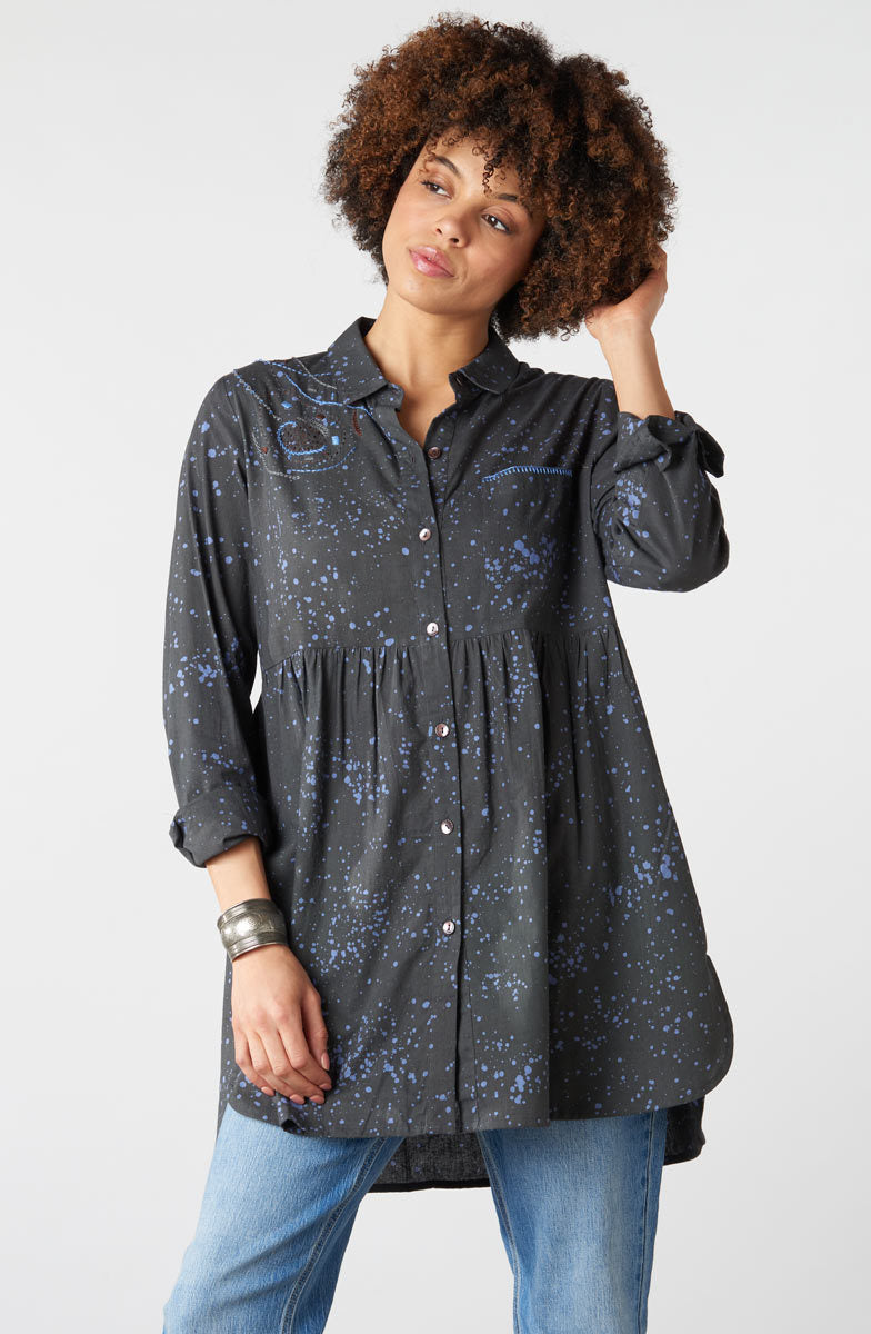 Sariska Button-Down Long-Sleeve Tunic - Fossil/Periwinkle