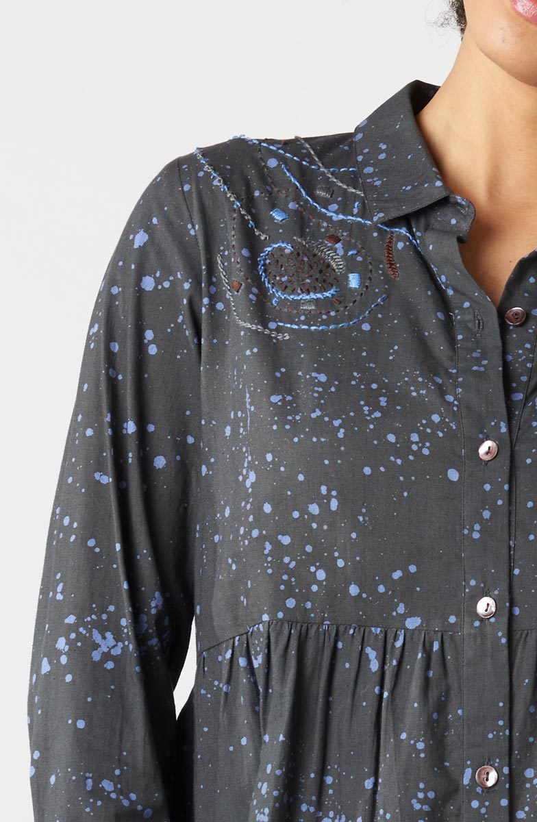 Sariska Button-Down Long-Sleeve Tunic - Fossil/Periwinkle