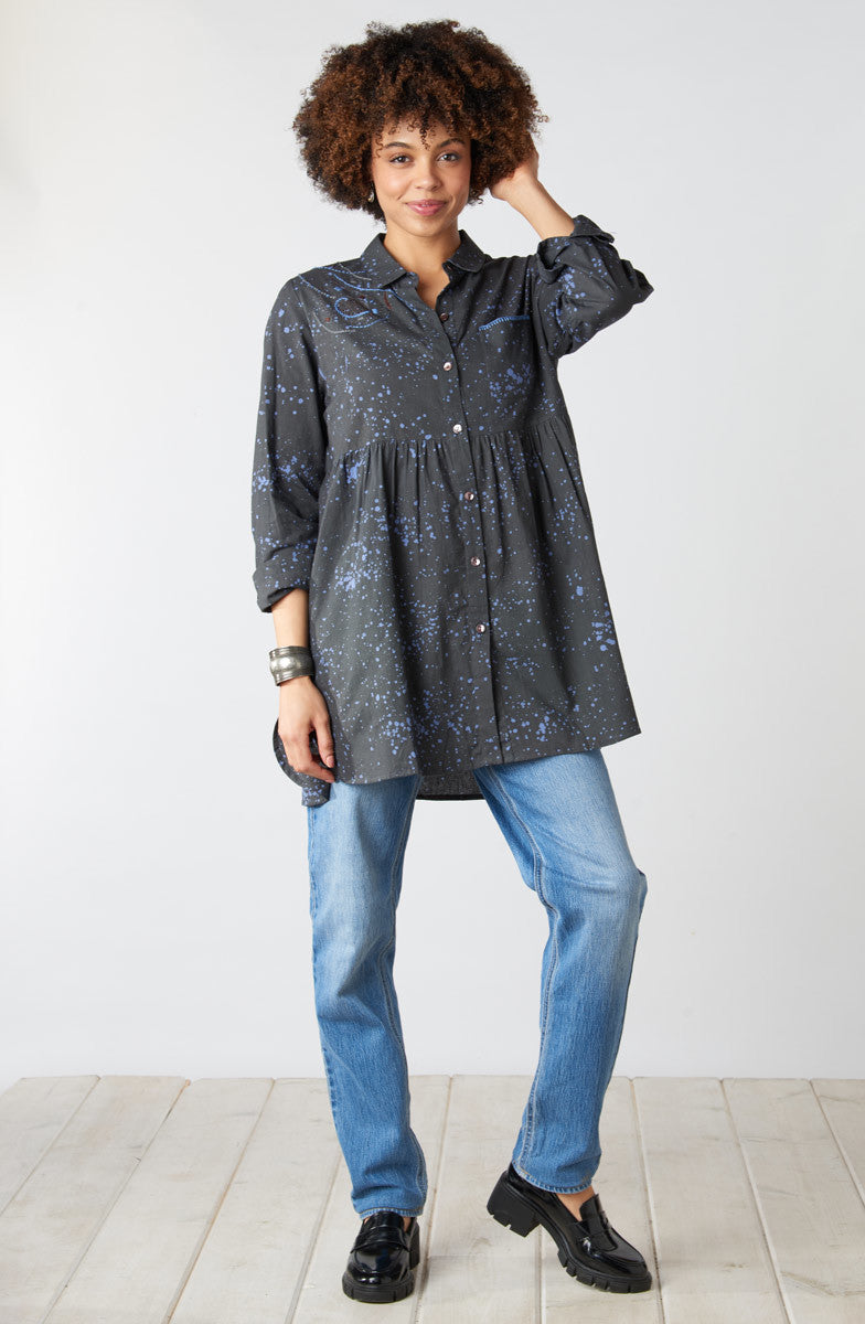 Sariska Button-Down Long-Sleeve Tunic - Fossil/Periwinkle