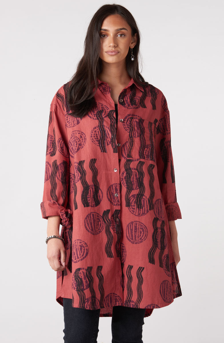 Rima Oversized Button-Down Shirt Jacket - Pomegranate