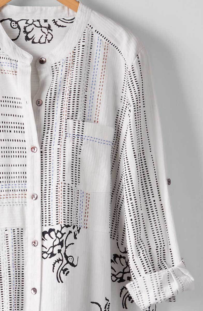 Kalpa Roll-Sleeve Handkerchief Hem Shirt - White/Black