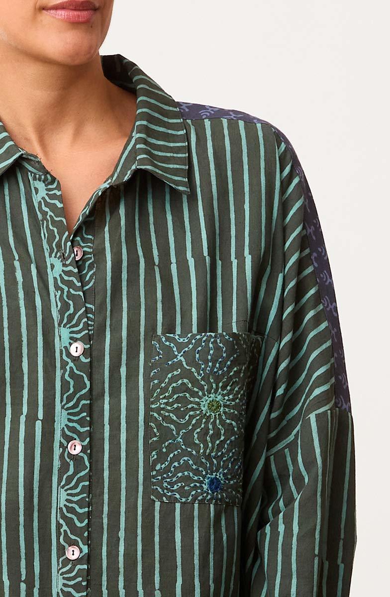 Hanifa Long-Sleeve High-Low Hem Big Shirt - Dusty teal/Multi