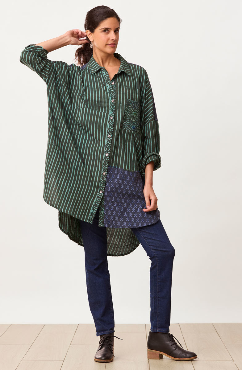 Hanifa Long-Sleeve High-Low Hem Big Shirt - Dusty teal/Multi