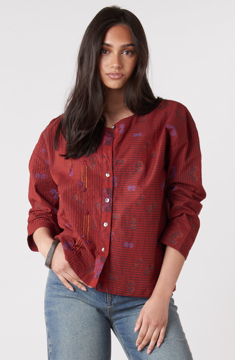 Mysore Organic Boxy Top - Sunset red/Multi