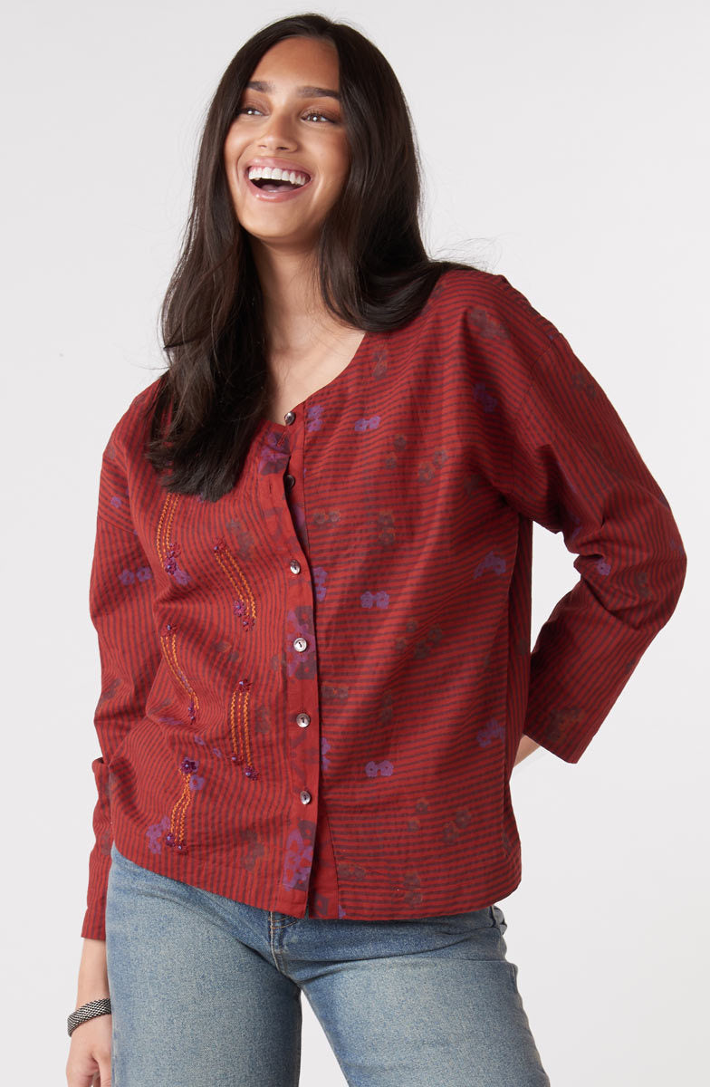 Mysore Organic Boxy Top - Sunset red/Multi