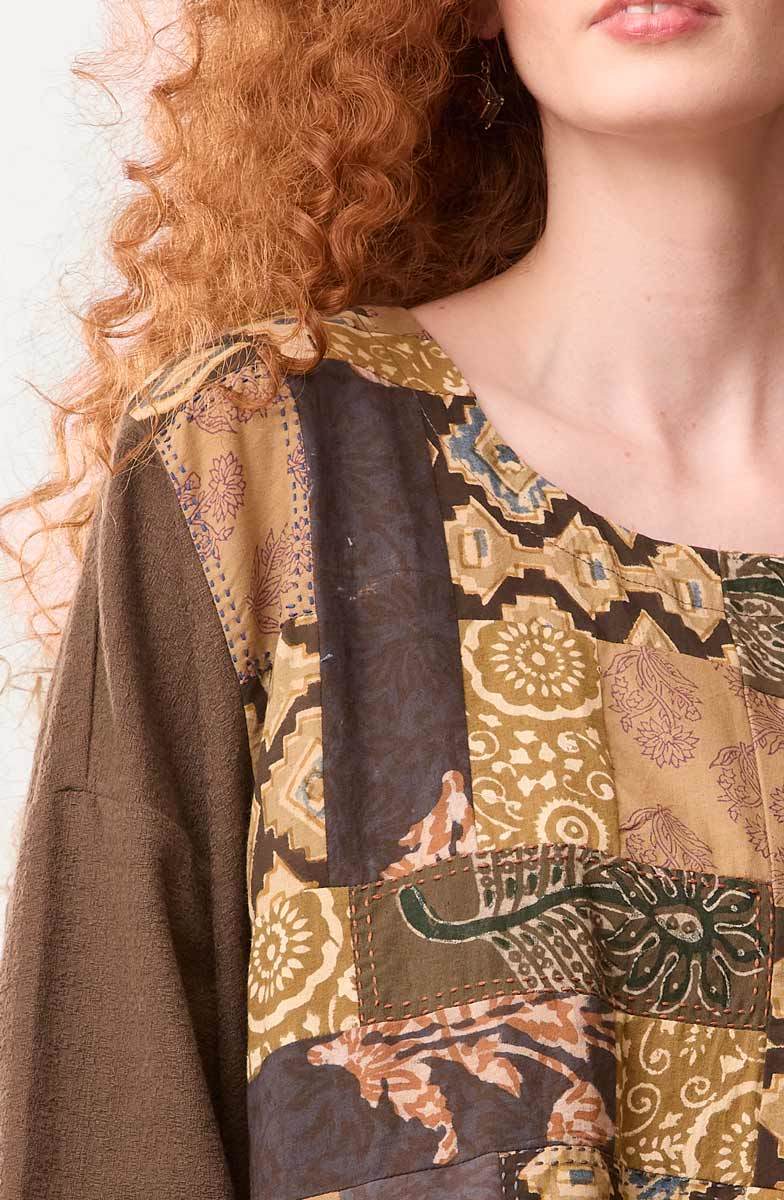 Sanija Upcycled Patchwork Boxy Top - Walnut/Multi/Chindi