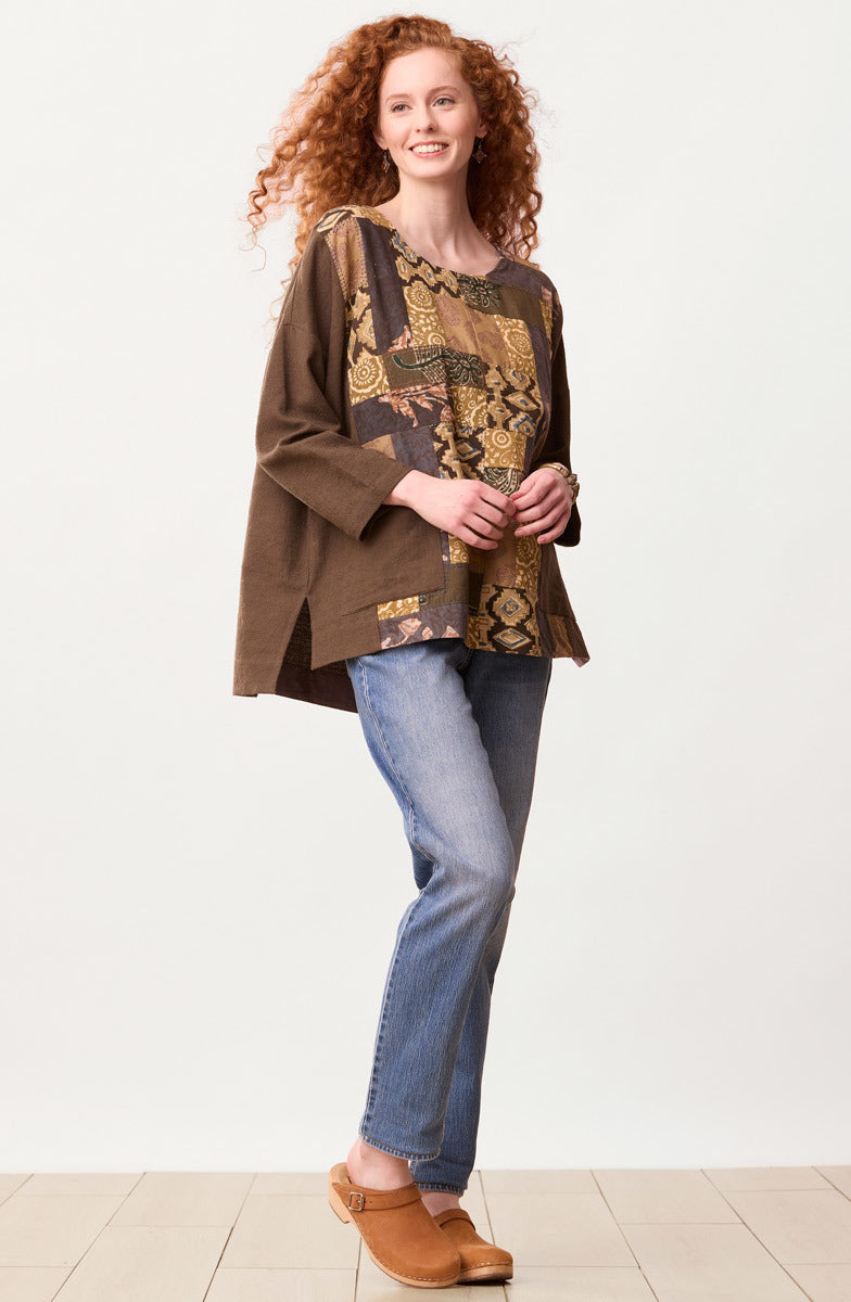 Sanija Upcycled Patchwork Boxy Top - Walnut/Multi/Chindi