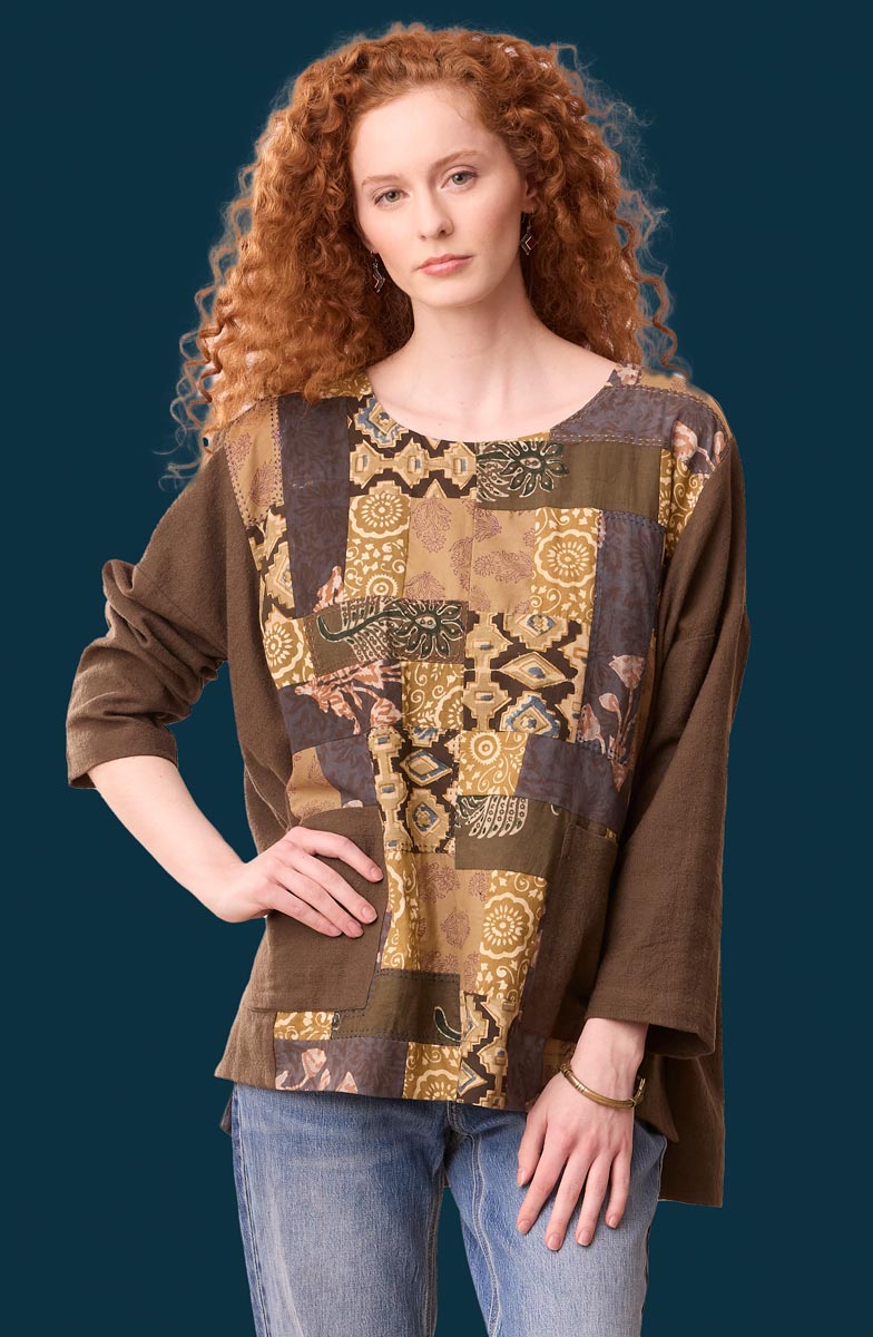 Sanija Upcycled Patchwork Boxy Top - Walnut/Multi/Chindi