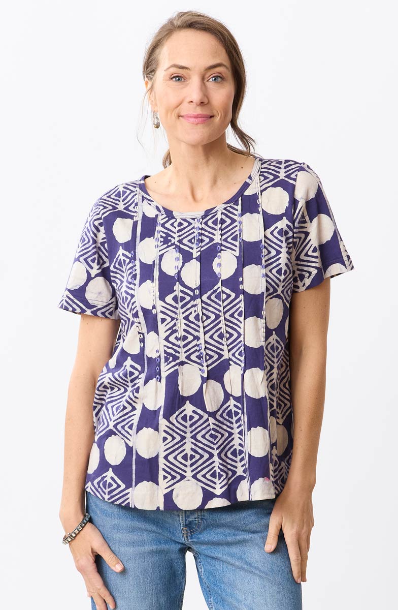 Naina Cotton Jersey Batik Print Tee - Aubergine