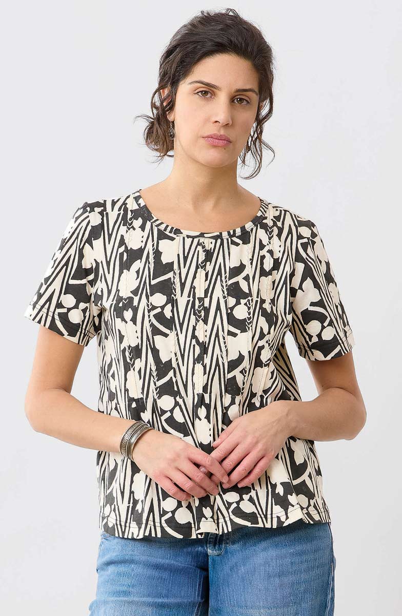 Naina Cotton Jersey Batik Print Tee - Black/Soft white