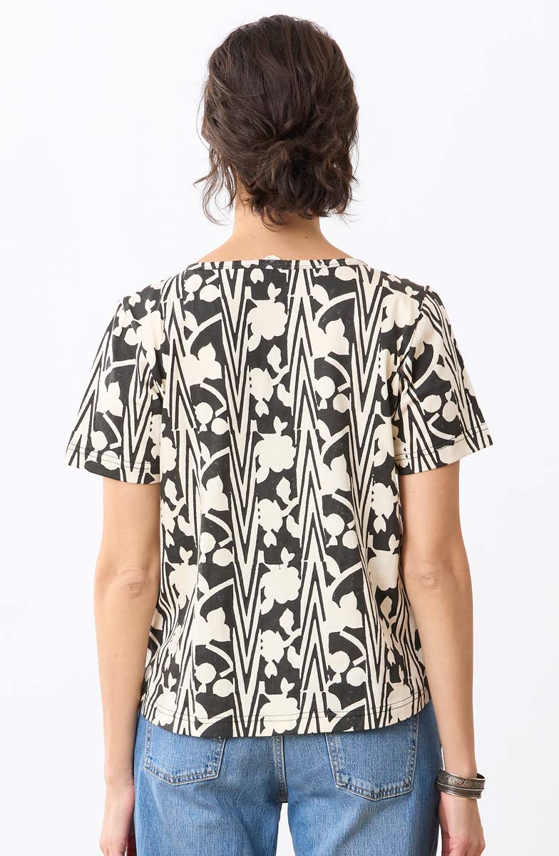 Naina Cotton Jersey Batik Print Tee - Black/Soft white