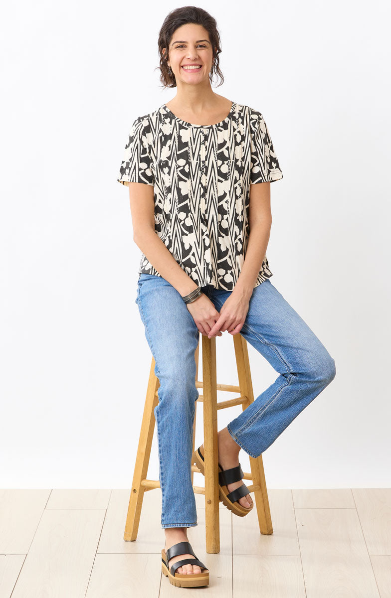 Naina Cotton Jersey Batik Print Tee - Black/Soft white