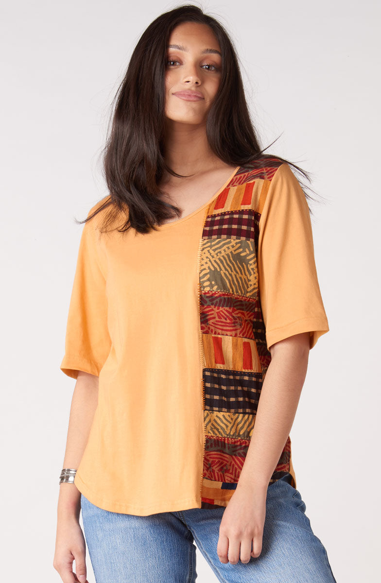 Maira Upcycled Patchwork Knit Tee - Mango Lassi/Chindi