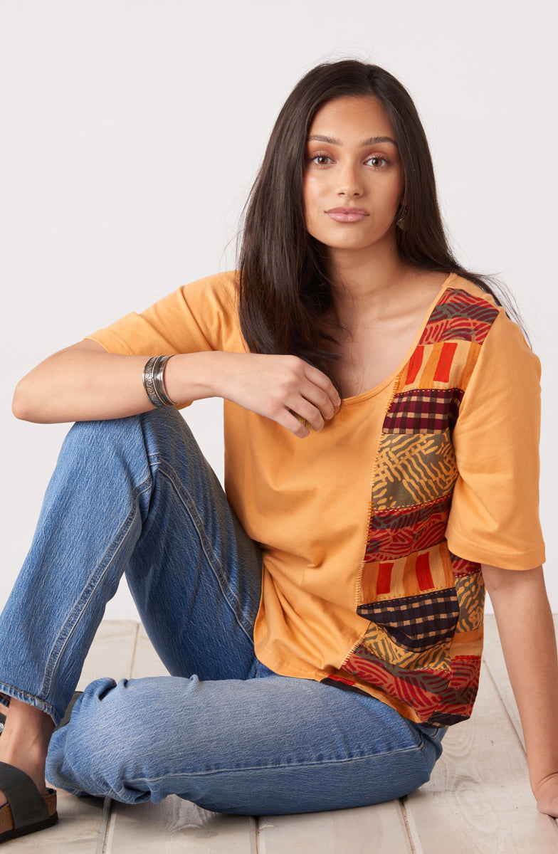 Maira Upcycled Patchwork Knit Tee - Mango Lassi/Chindi