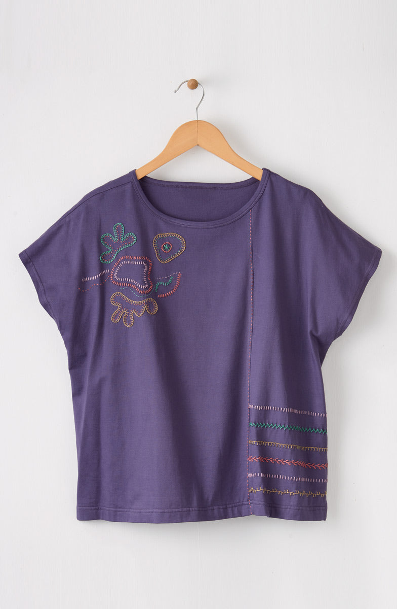 Akila Embroidered Knit Cap Sleeve Tee - Aubergine