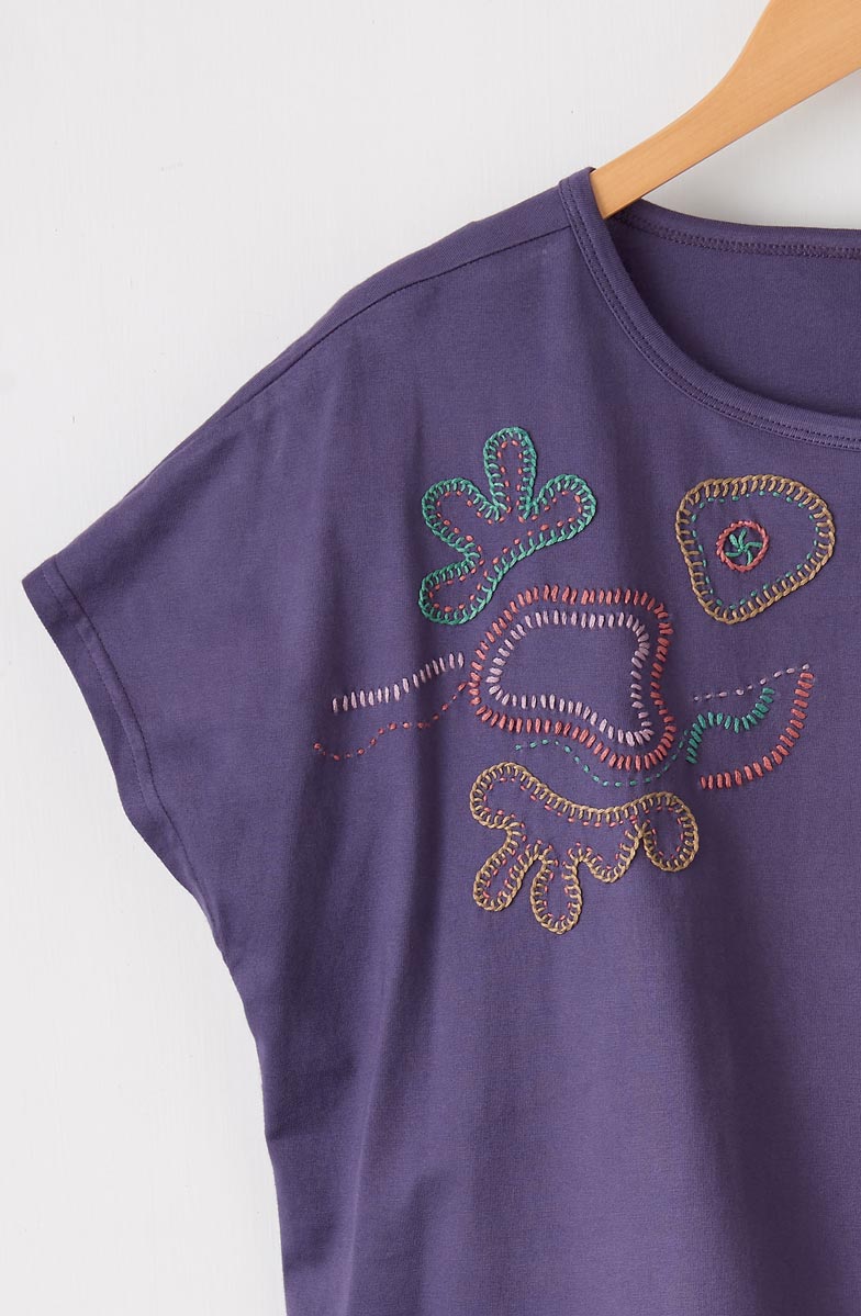 Akila Embroidered Knit Cap Sleeve Tee - Aubergine