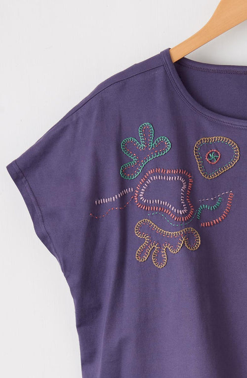 Akila Embroidered Knit Cap Sleeve Tee - Aubergine