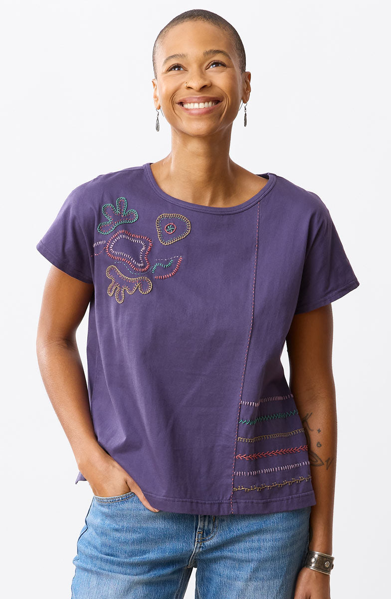 Akila Embroidered Knit Cap Sleeve Tee - Aubergine