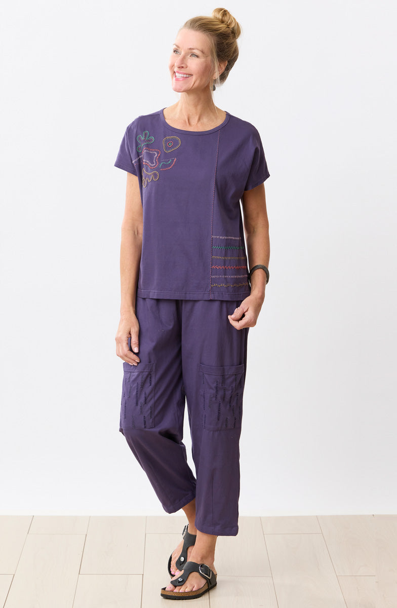 Akila Embroidered Knit Cap Sleeve Tee - Aubergine