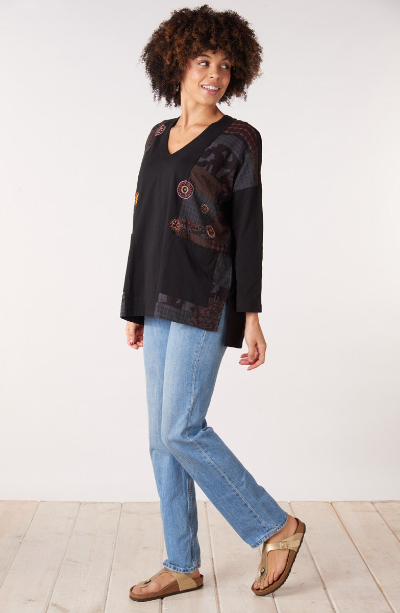 Sanija Upcycled Patchwork Loose Fit Top - Black/Multi
