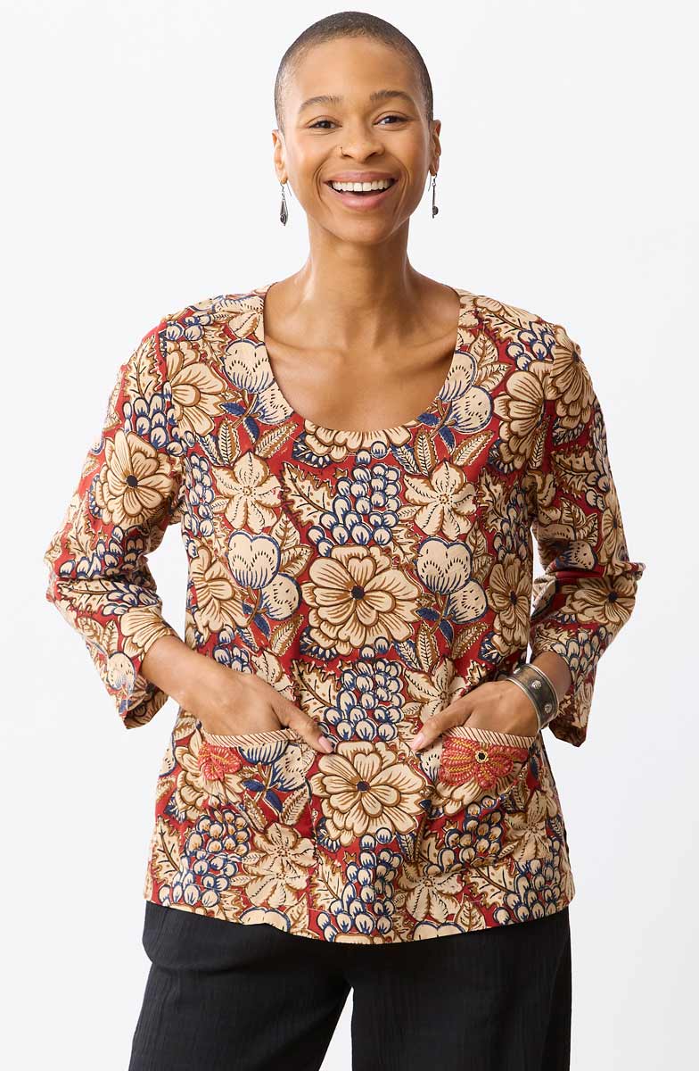 Kasuri Natural Dye Round-Neck Popover Top - Scarlet/Multi