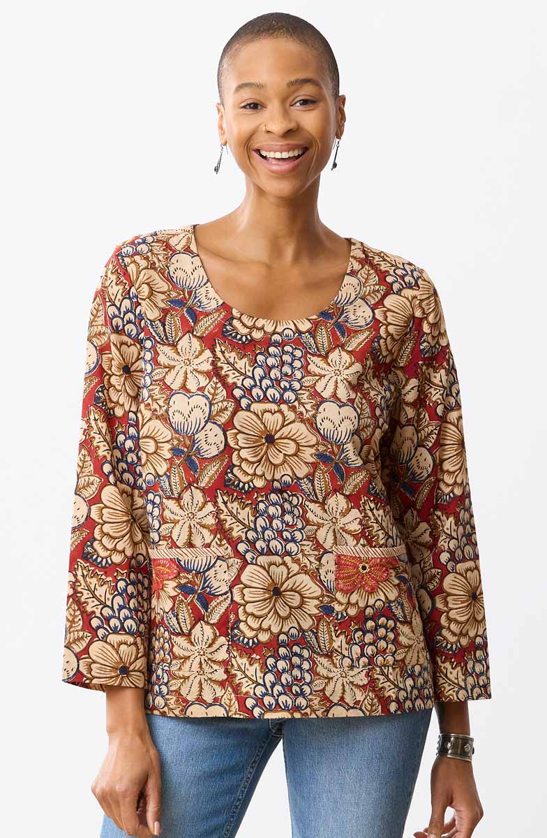 Kasuri Natural Dye Round-Neck Popover Top - Scarlet/Multi