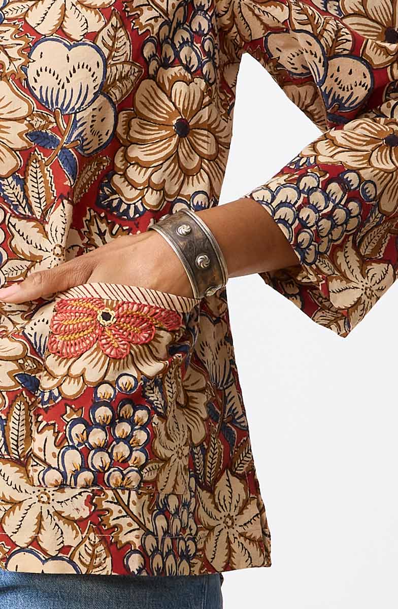 Kasuri Natural Dye Round-Neck Popover Top - Scarlet/Multi