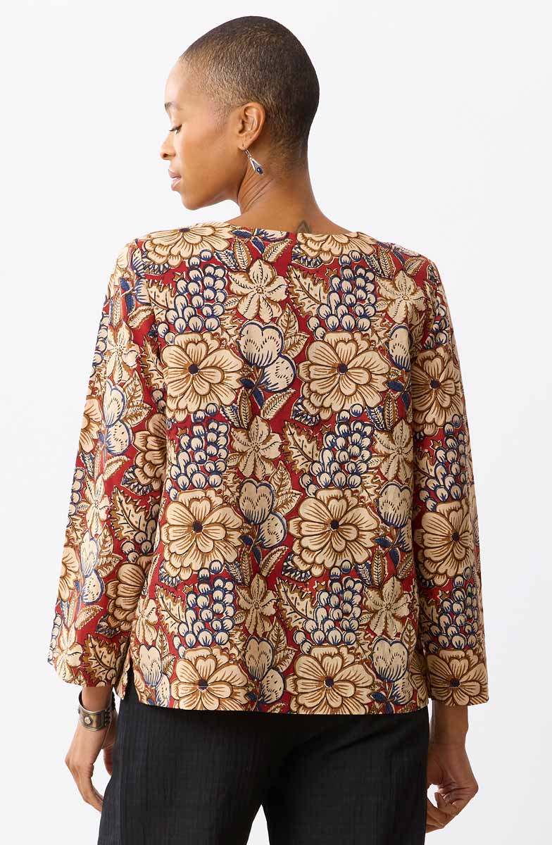 Kasuri Natural Dye Round-Neck Popover Top - Scarlet/Multi