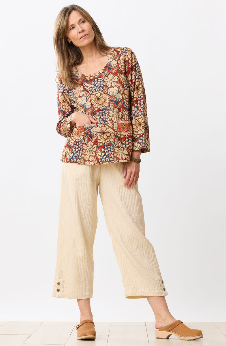 Kasuri Natural Dye Round-Neck Popover Top - Scarlet/Multi
