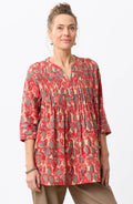 Vaishali Pleated Button-Down Tunic - Red/Cumin