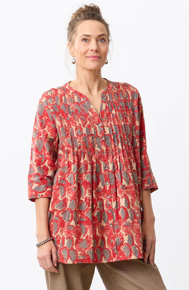 Vaishali Pleated Button-Down Tunic - Red/Cumin