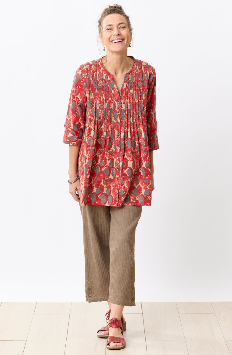 Vaishali Pleated Button-Down Tunic - Red/Cumin