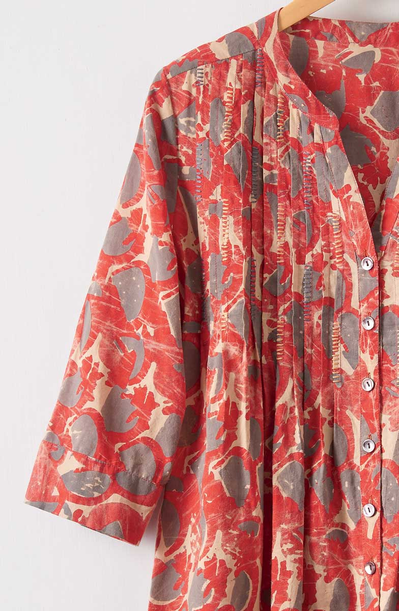 Vaishali Pleated Button-Down Tunic - Red/Cumin