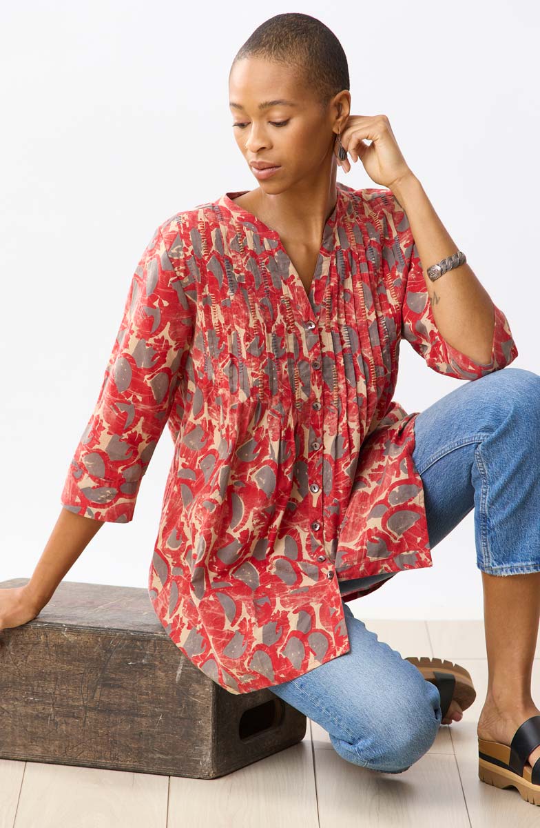 Vaishali Pleated Button-Down Tunic - Red/Cumin