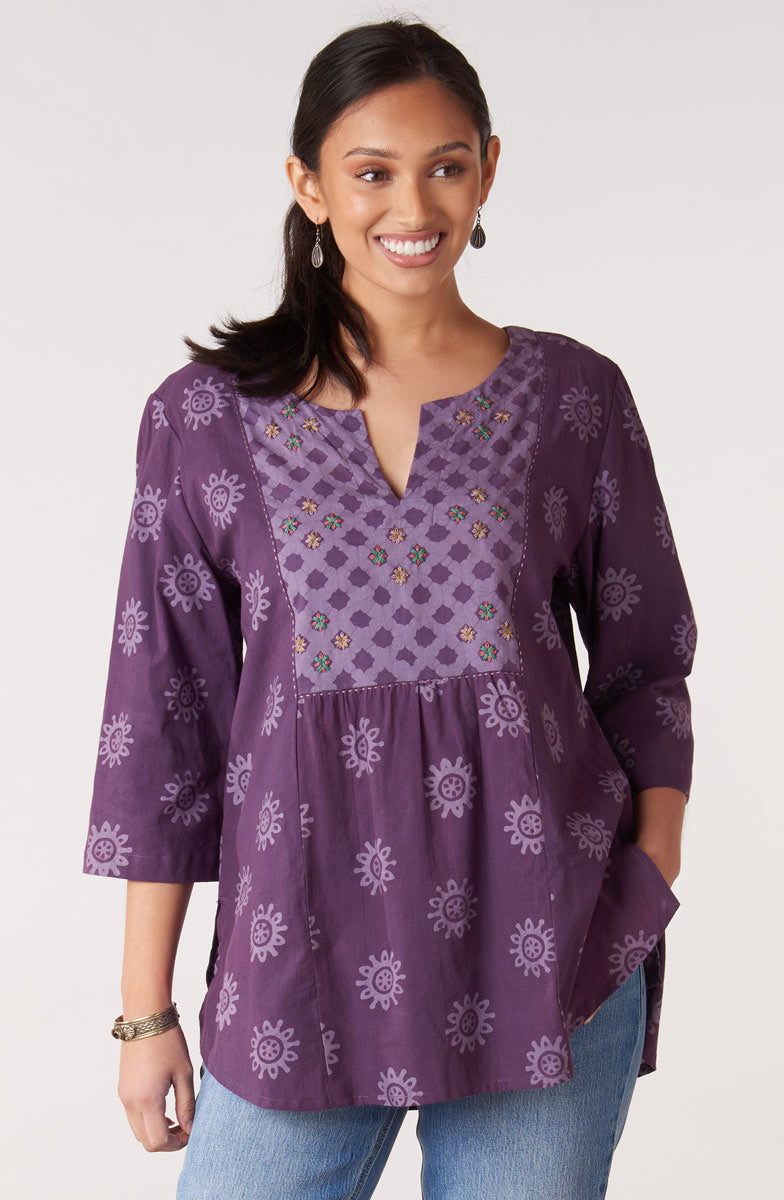 Sanoshi Notch-Neck Yoke Top - Heirloom purple/Multi