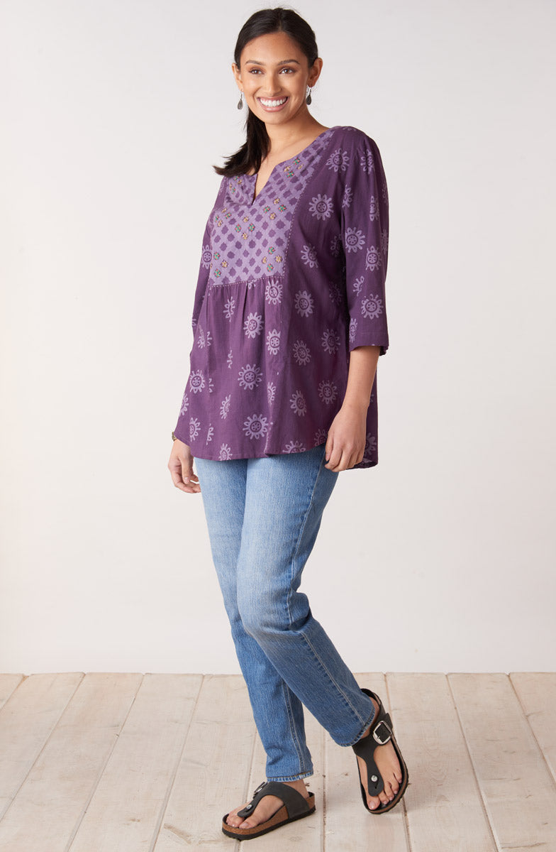 Sanoshi Notch-Neck Yoke Top - Heirloom purple/Multi