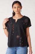 Isha Embroidered Slub Cotton Notch-Neck Top - Black/Multi