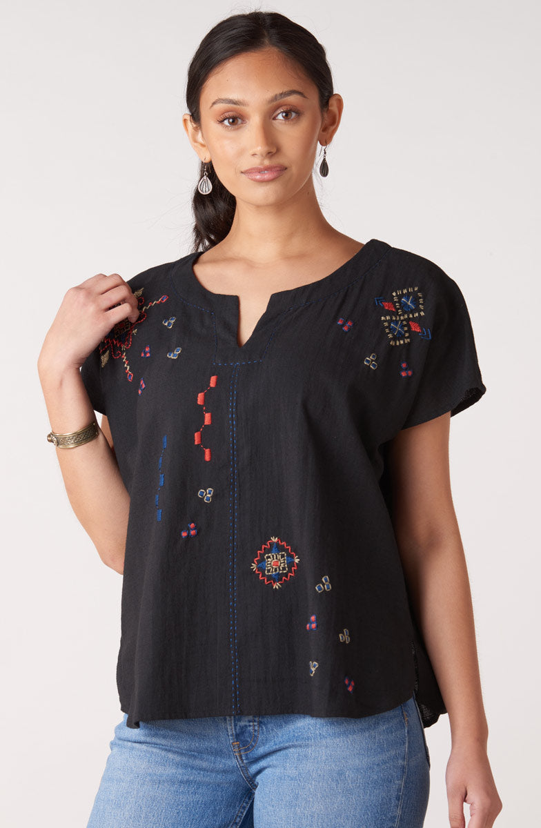 Isha Embroidered Slub Cotton Notch-Neck Top - Black/Multi