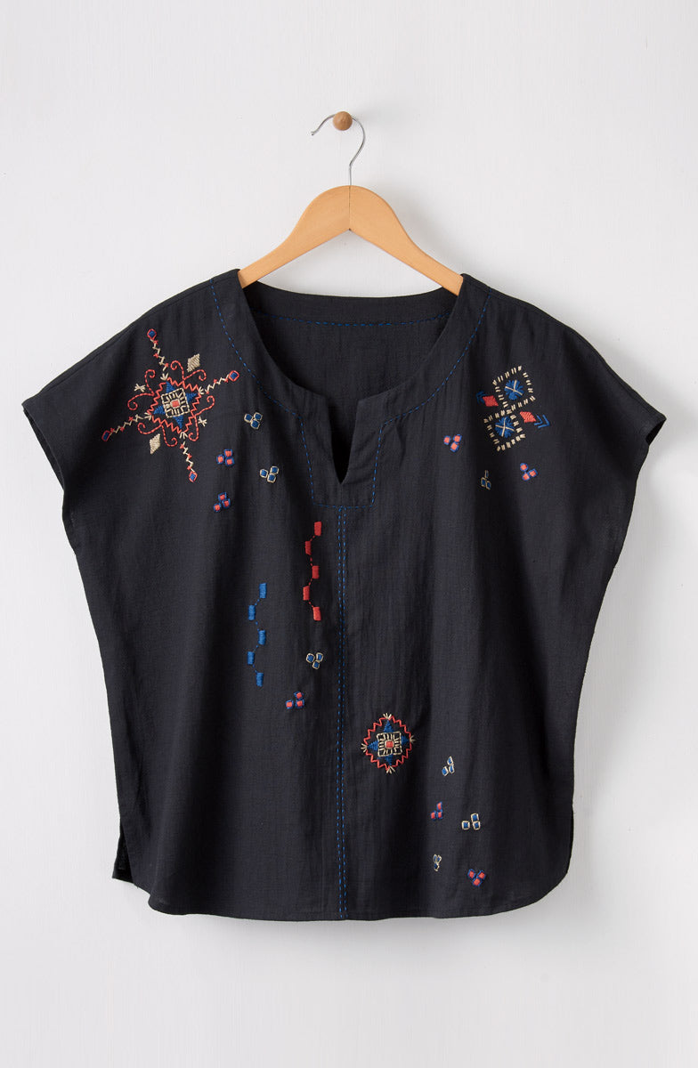 Isha Embroidered Slub Cotton Notch-Neck Top - Black/Multi