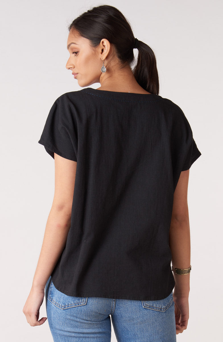 Isha Embroidered Slub Cotton Notch-Neck Top - Black/Multi