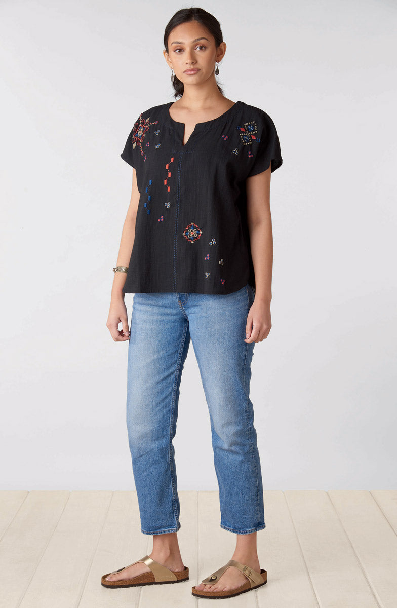 Isha Embroidered Slub Cotton Notch-Neck Top - Black/Multi