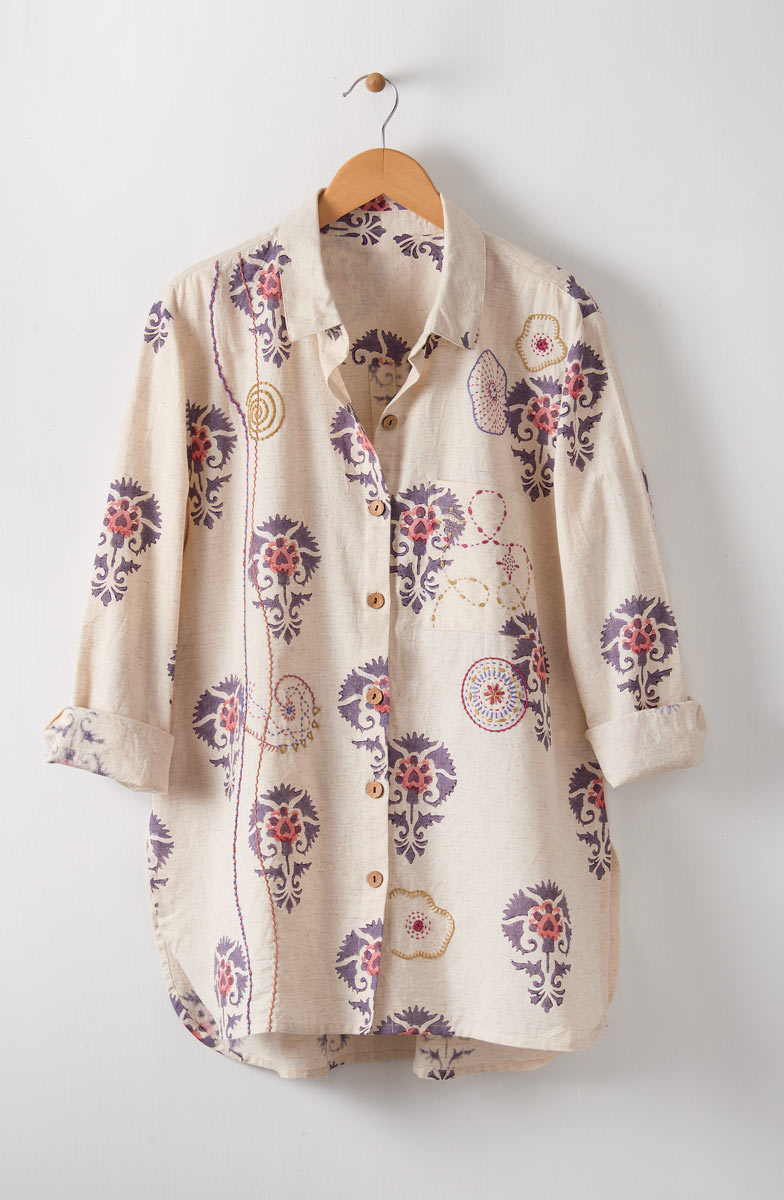 Rashida Embroidered Button-Down Big Shirt - Natural/Aubergine