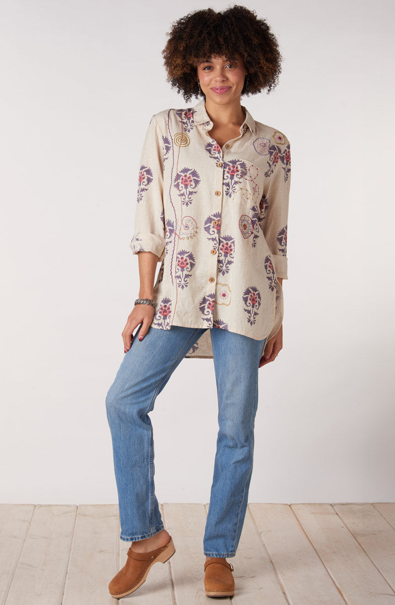 Rashida Embroidered Button-Down Big Shirt - Natural/Aubergine