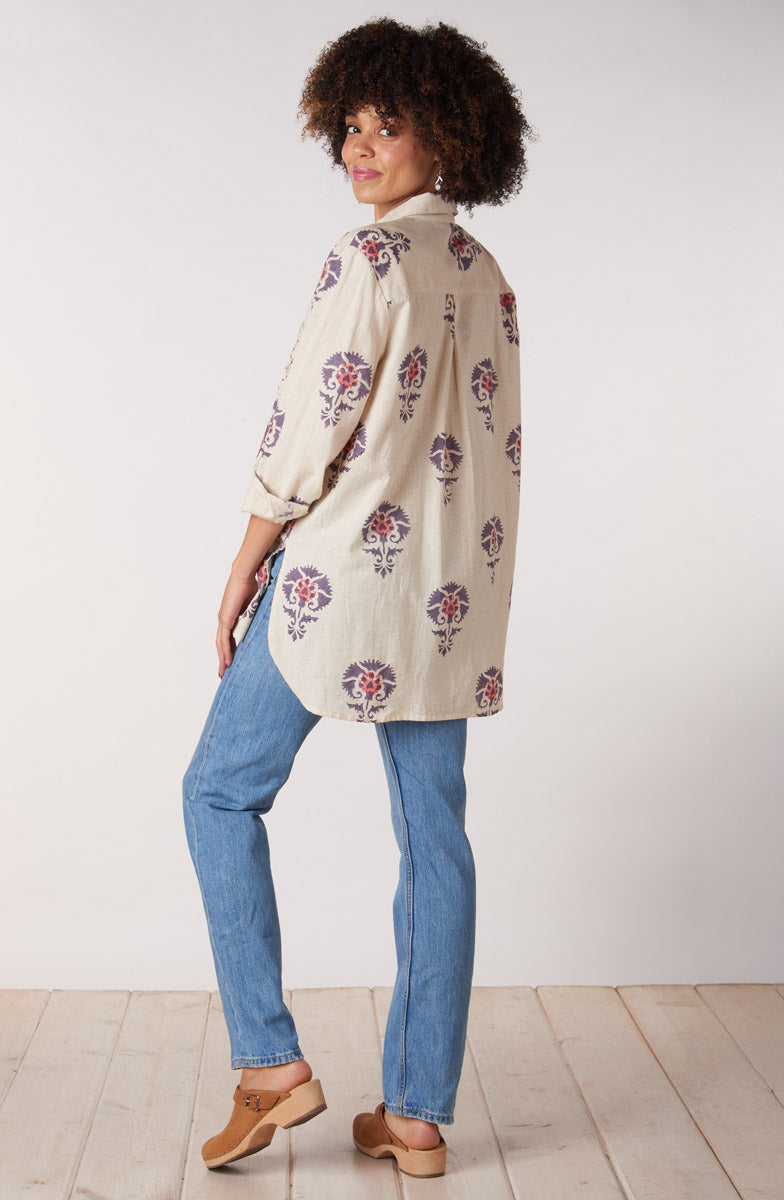 Rashida Embroidered Button-Down Big Shirt - Natural/Aubergine