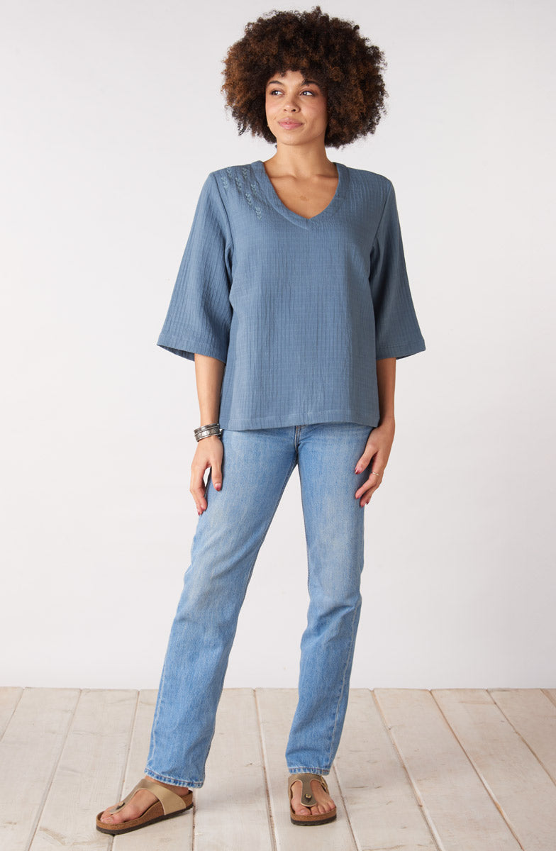 Kochi Dobby Gauze V-Neck Top