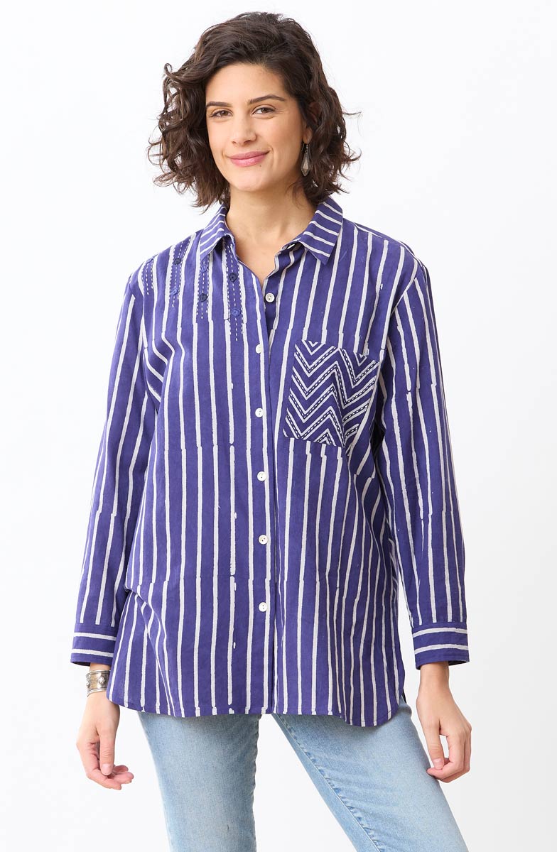 Rashida Button-Down Big Shirt - Dark celestial/White