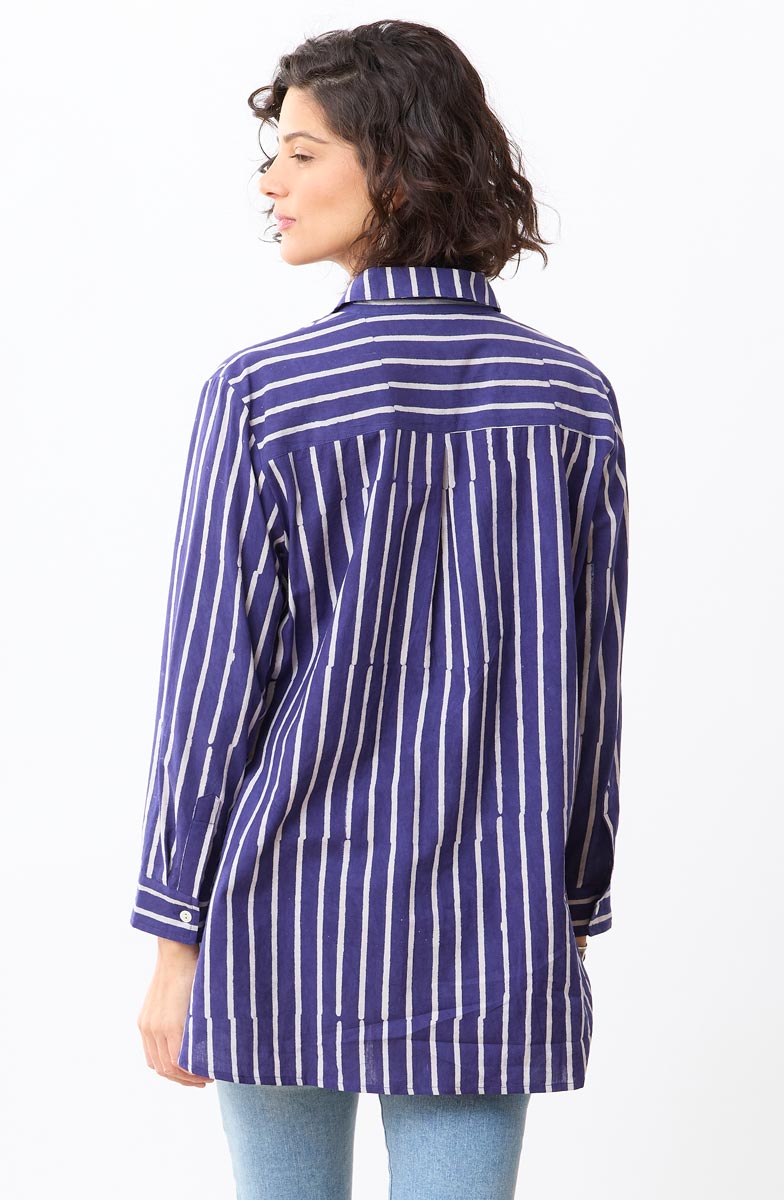 Rashida Button-Down Big Shirt - Dark celestial/White