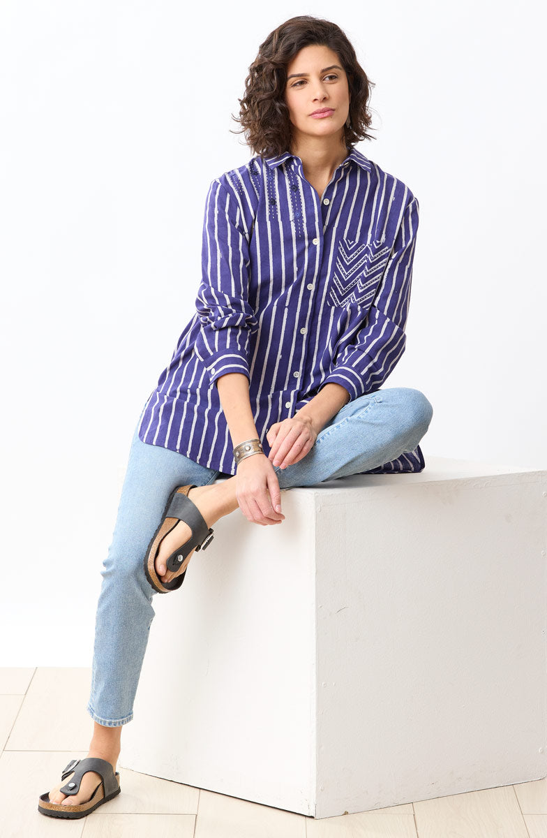 Rashida Button-Down Big Shirt - Dark celestial/White